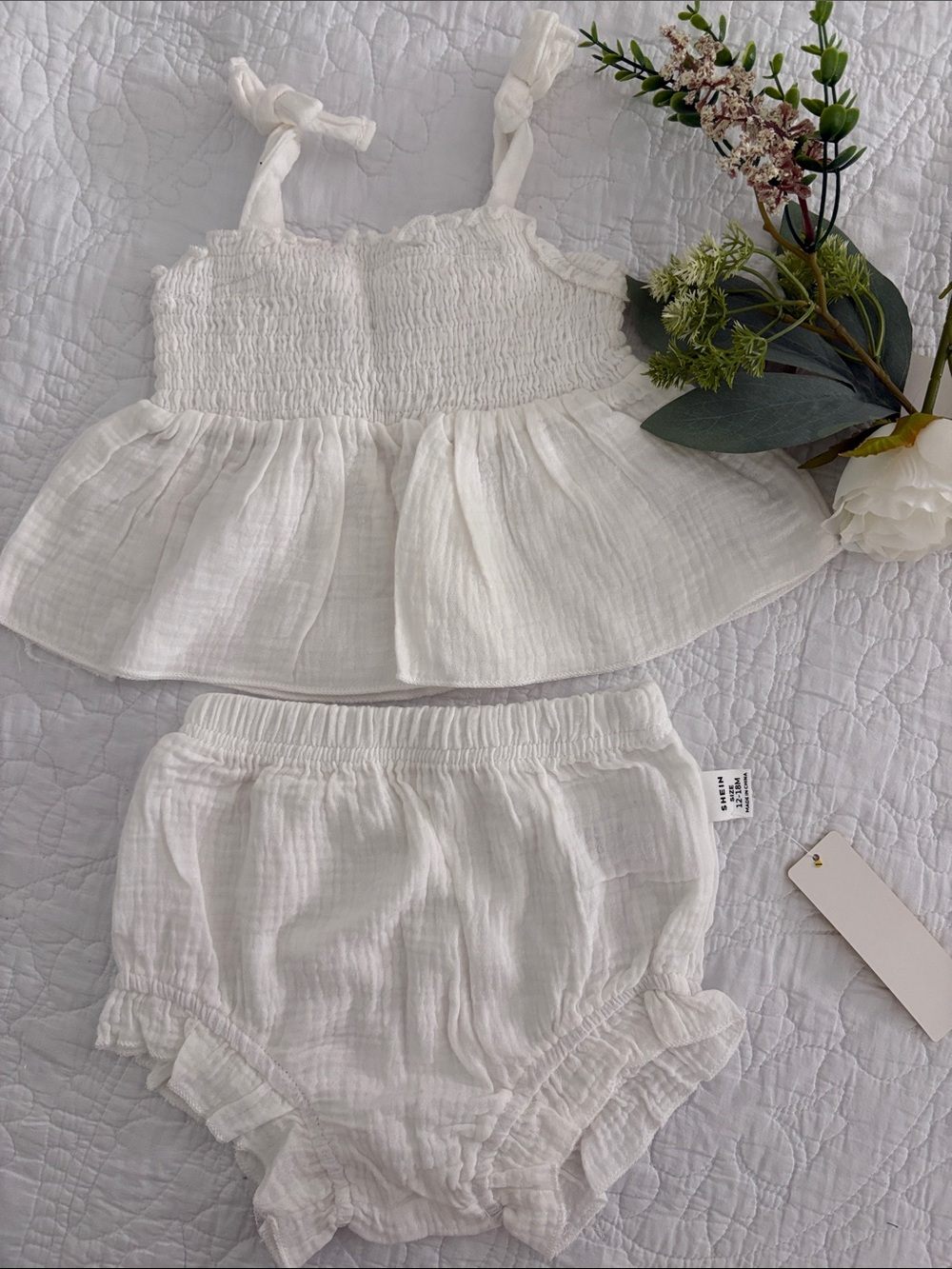 SHEIN White Smocked Tank Top & Diaper Cover Set